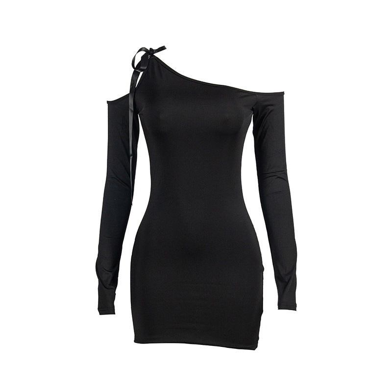 Spring Solid Color Diagonal Collar Lace Up Off Shoulder Long Sleeve Slim High Waist Dress Bella Mia
