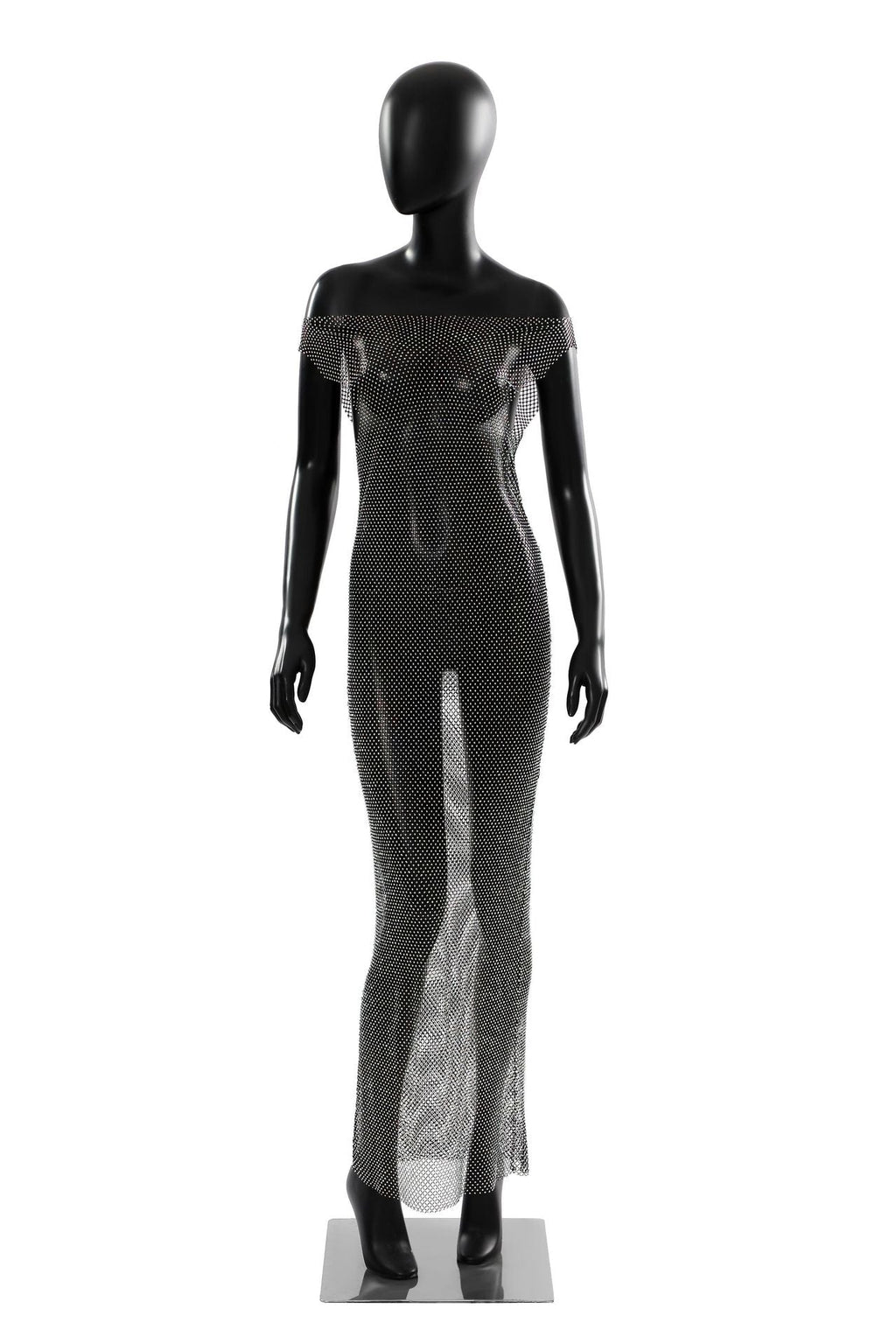 Sexy Mesh Maxi Dress Rhinestone See through Dress Fishnet Rhinestone off Neck Dress Elastic Dress Bella Mia