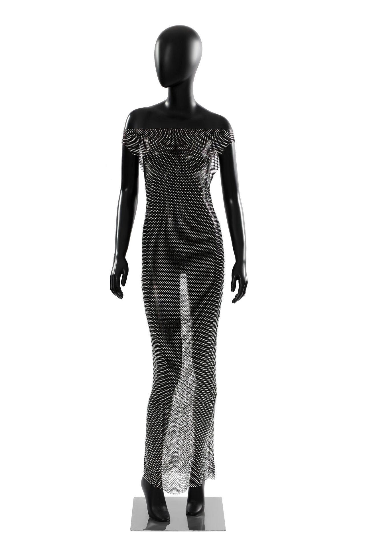 Sexy Mesh Maxi Dress Rhinestone See through Dress Fishnet Rhinestone off Neck Dress Elastic Dress Bella Mia