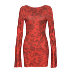 Autumn round Neck Long Sleeve Sexy Leopard Print Lace up Backless Short Dress Bella Mia
