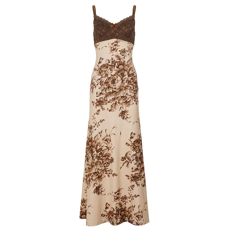 Sexy Retro Lace Stitching Chest Strap Dress French Elegant Romantic Floral Dress