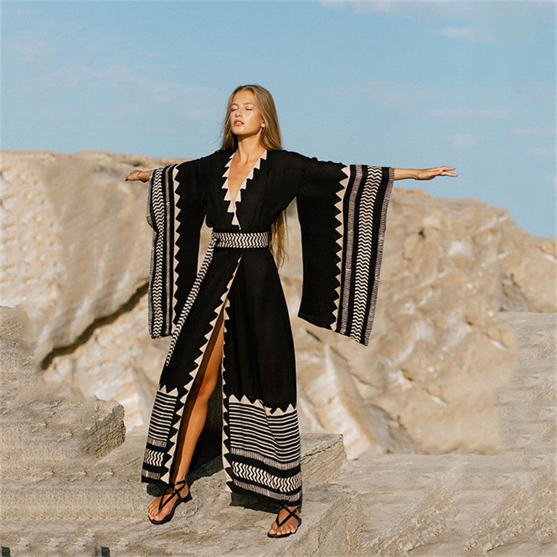 Polyester Printed Beach Cover-up Sexy Cardigan Loose plus Size Sun Protection Shirt Beach Cover Up Bella Mia