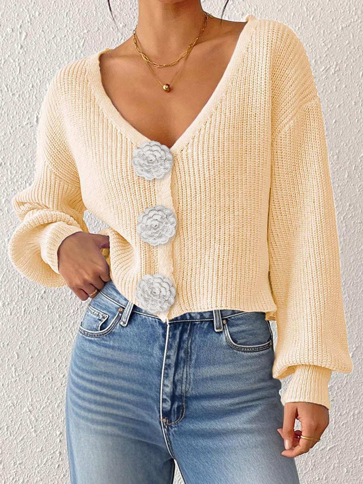 Women Knitted Sweater Street Hipster Short Top Hand Hook Floral Decorative Button Cardigan Short Coat Bella Mia