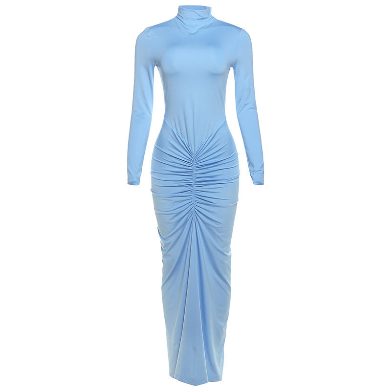 Women Clothing Autumn Solid Color Elegant Slim Slimming Pleated Turtleneck Long Sleeve Dress Bella Mia