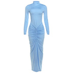 Women Clothing Autumn Solid Color Elegant Slim Slimming Pleated Turtleneck Long Sleeve Dress Bella Mia