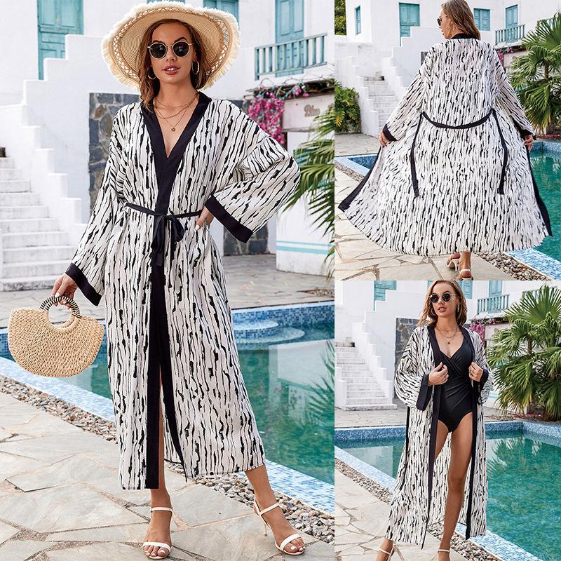 Black Edged Rayon Printed Beach Cover Up Sexy Cardigan Loose Bikini Cover Bella Mia