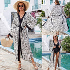 Black Edged Rayon Printed Beach Cover Up Sexy Cardigan Loose Bikini Cover Bella Mia