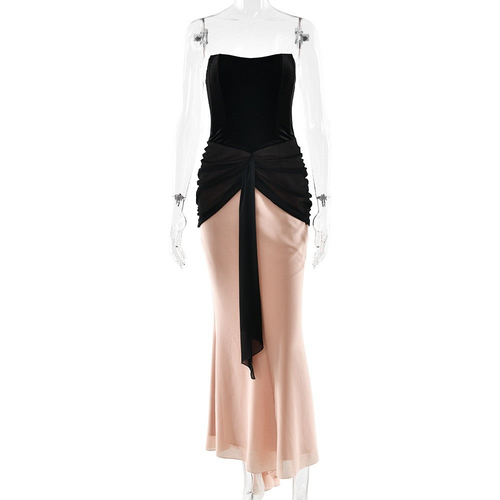 Pleated Ribbon Slim Fit High Waist Dress Sexy Wrapped Chest Waist Color Contrast Patchwork Dress Bella Mia