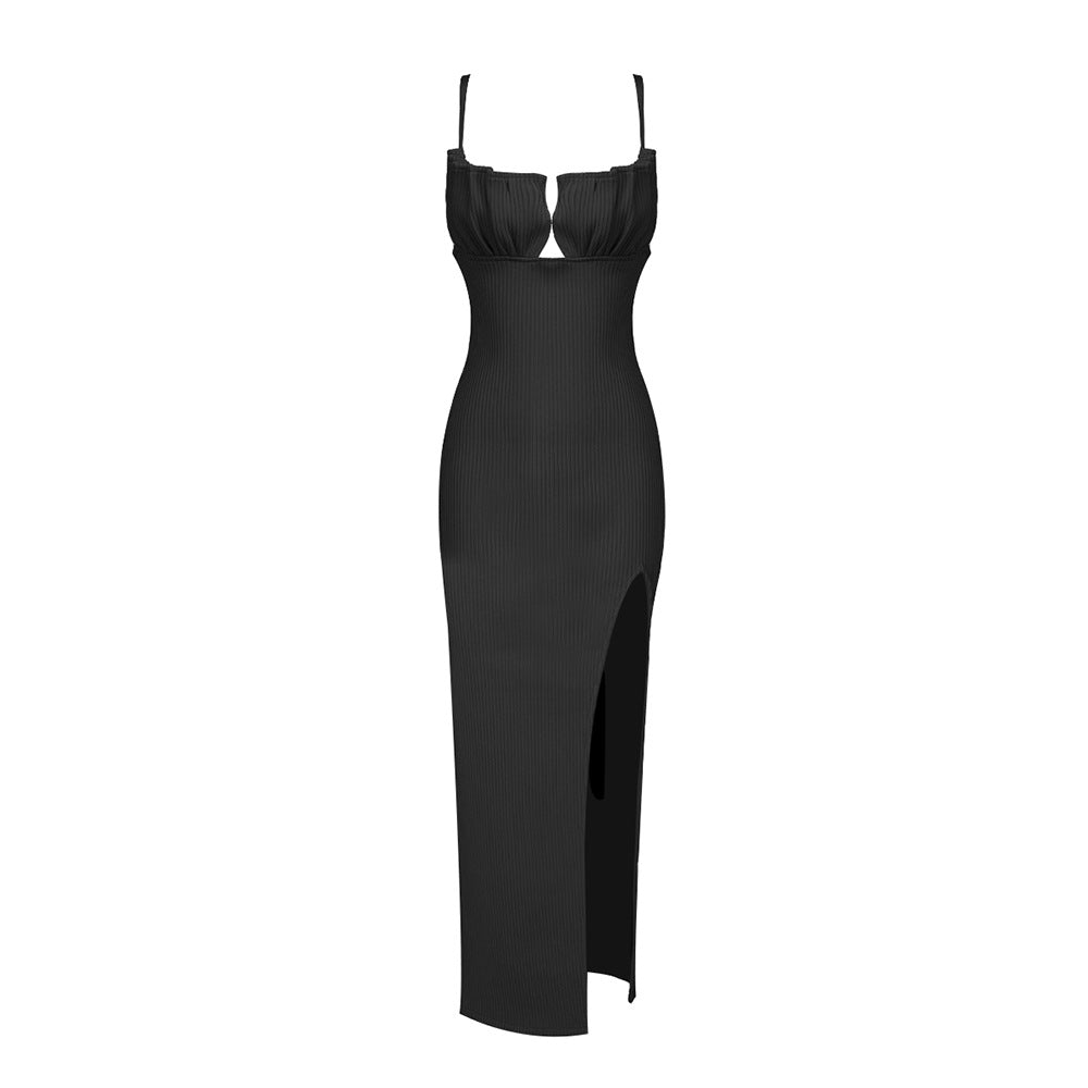 Autumn Winter Black Shell Suspender Chest Pleating Dress Sexy Slim Hip Women Clothing Bella Mia