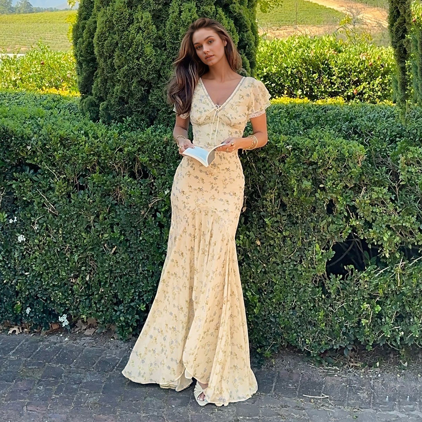 Summer French Elegant Floral Lace V neck Dress Wave Idyllic Vacation Asymmetric Skirt