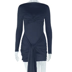 Women Clothing Elegant Stitching Solid Color Tied Bag Hip Long Sleeve round Neck High Waist Short Dress Bella Mia