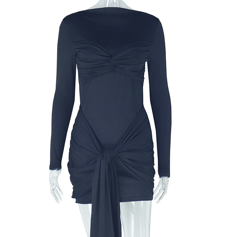 Women Clothing Elegant Stitching Solid Color Tied Bag Hip Long Sleeve round Neck High Waist Short Dress Bella Mia