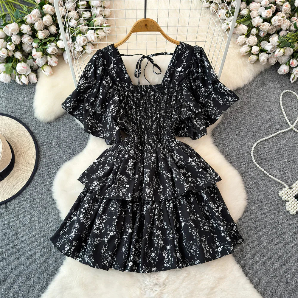 Design Summer Ruffle Sleeve Retro Pleated Floral Skirt