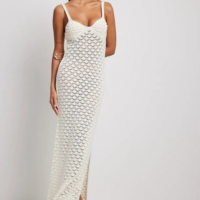 Summer Vacation Knitted Dress Women Suspender Side Slit Backless Hollow Out Pattern Knitted Dress Bella Mia