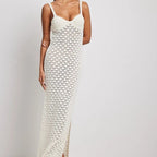 Summer Vacation Knitted Dress Women Suspender Side Slit Backless Hollow Out Pattern Knitted Dress Bella Mia