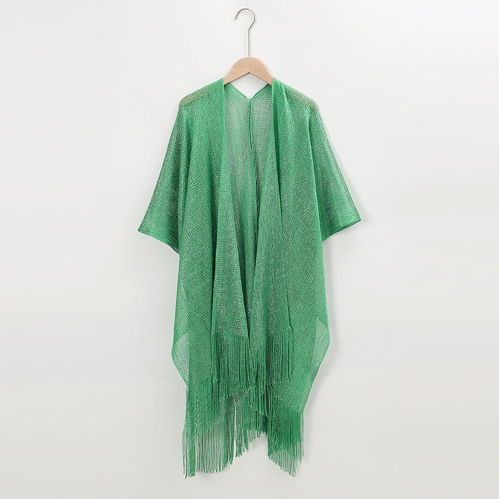 Beach Solid Color Sun Proof Tassel Knitting Beach Cover Up Sweater Shawl Cardigan Bella Mia