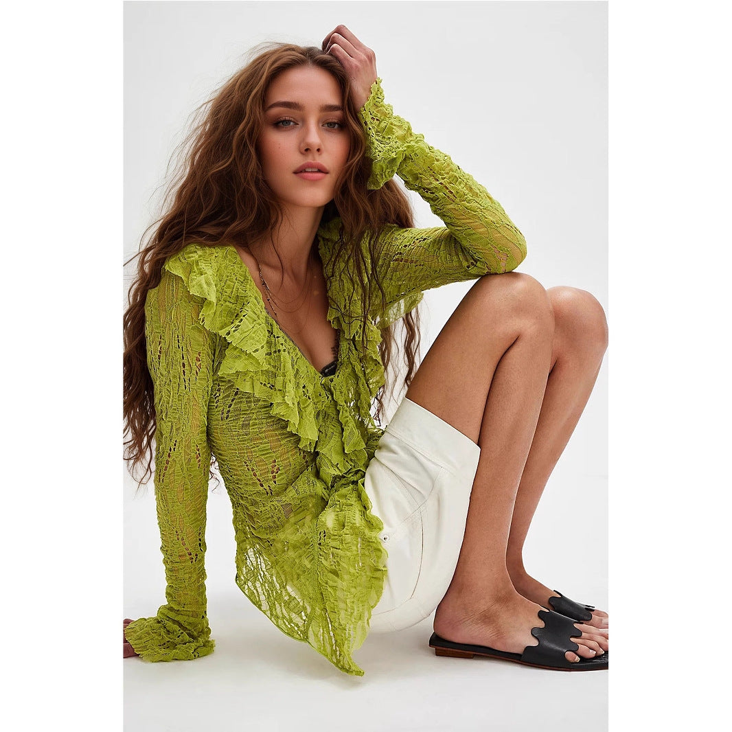 Lace V neck Shirt Women Autumn Ruffles Cardigan Long Sleeve Short Knitted Top Bella Mia