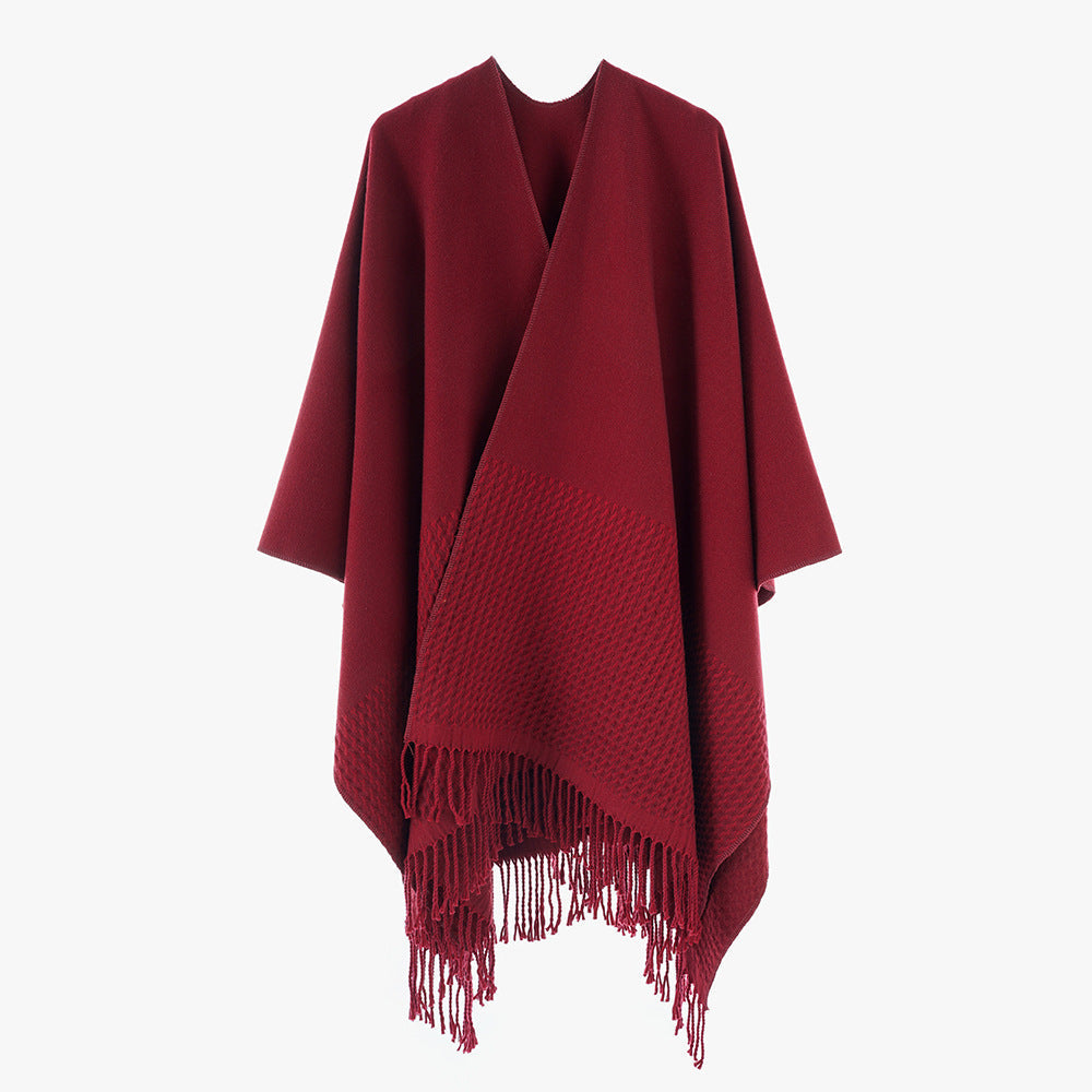 Solid Color Cashmere like Tassel Large Split Shawl Warm Monochrome Cape Plain Shawl Bella Mia
