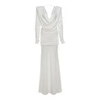 Fall Women Clothing Sexy Backless Swing Collar Slim Pleated Solid Color Long Sleeve Dress Bella Mia