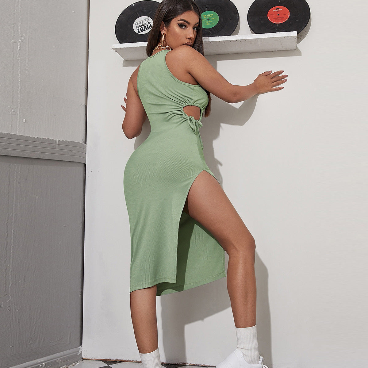 Women Side Hollow Out Cutout out Tied Pleating Dress Sexy Slit Slim Strap Dress for Women Bella Mia