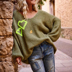 Autumn Winter Love Pattern V neck Sweater Women Casual Loose Long Sleeve Pullover Sweater Bella Mia