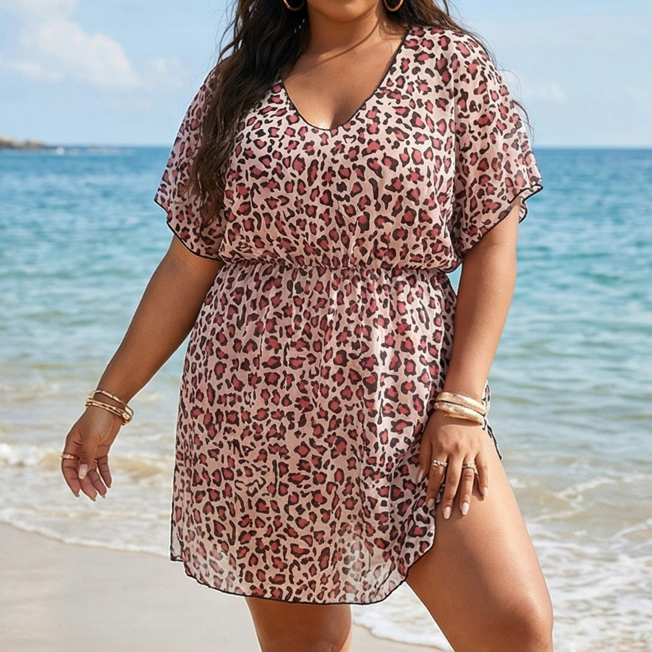 Women Clothes Leopard Print Printed Waist Controlled Split Beach Dress Sexy Deep V Plunge Tulle Dress Bella Mia