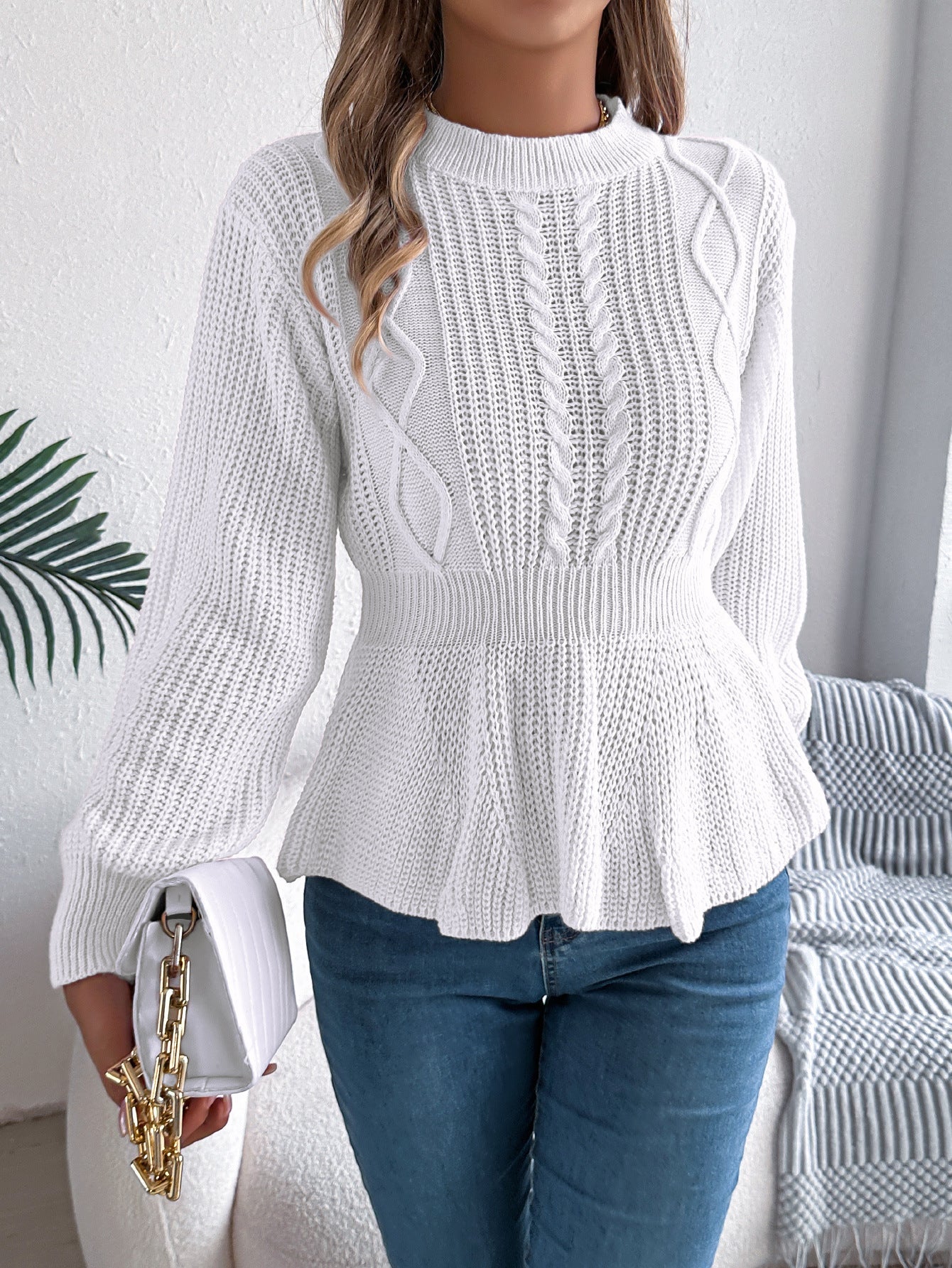 Autumn Winter Solid Color Twist Waist Trimming Ruffles Long Sleeve Pullover Sweater Women Clothing