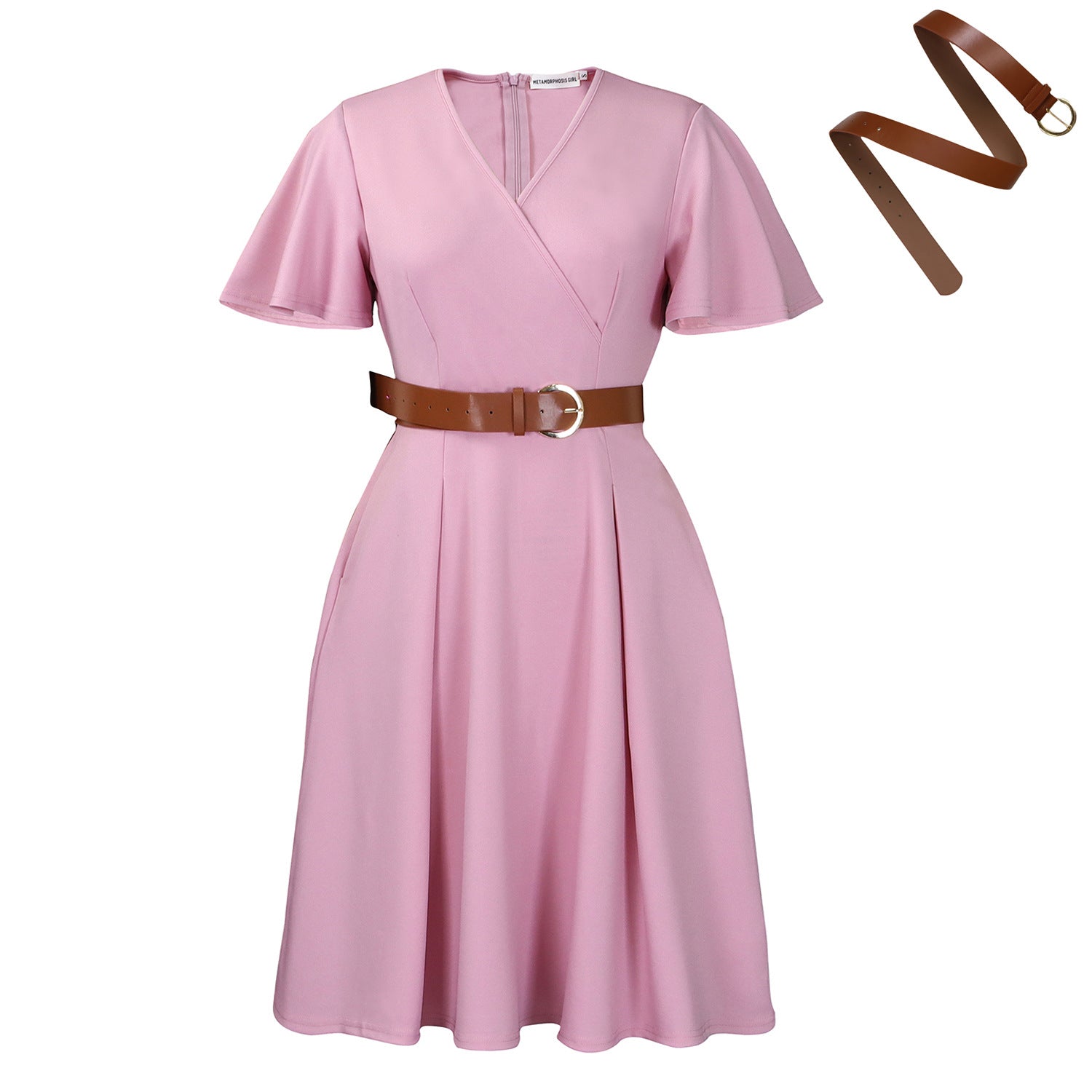 Women Clothing Elegant Solid Color V neck Flared Sleeves Dress