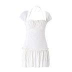 Summer Sexy French Low Cut Square Collar Halter Lace Up Design Short Sleeve Pleated Dress Women Bella Mia