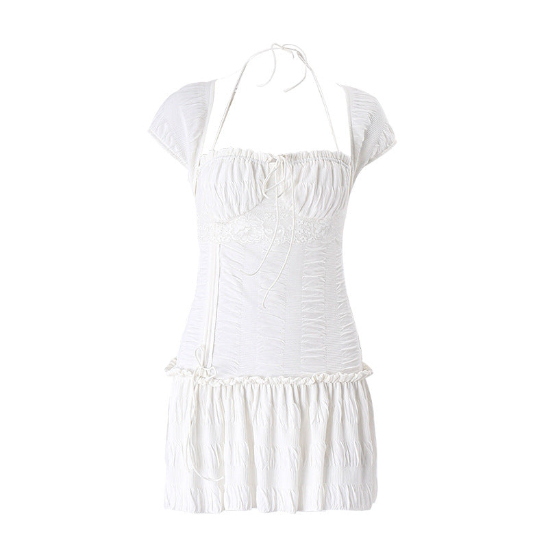Summer Sexy French Low Cut Square Collar Halter Lace Up Design Short Sleeve Pleated Dress Women Bella Mia