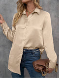 Elegant Satin Long Sleeved Shirt Spring Summer Solid Color Loose Faux Silk Shirt Long Sleeved Satin Top Bella Mia