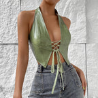 Sexy Sexy Low Cut Cardigan Solid Color Halter Lace up Faux Leather Vest Women Bella Mia