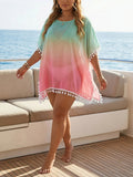 Women Clothes Women Casual Loose Gradient Printing Tassel Stitching T shirt Beach Cover up Bella Mia