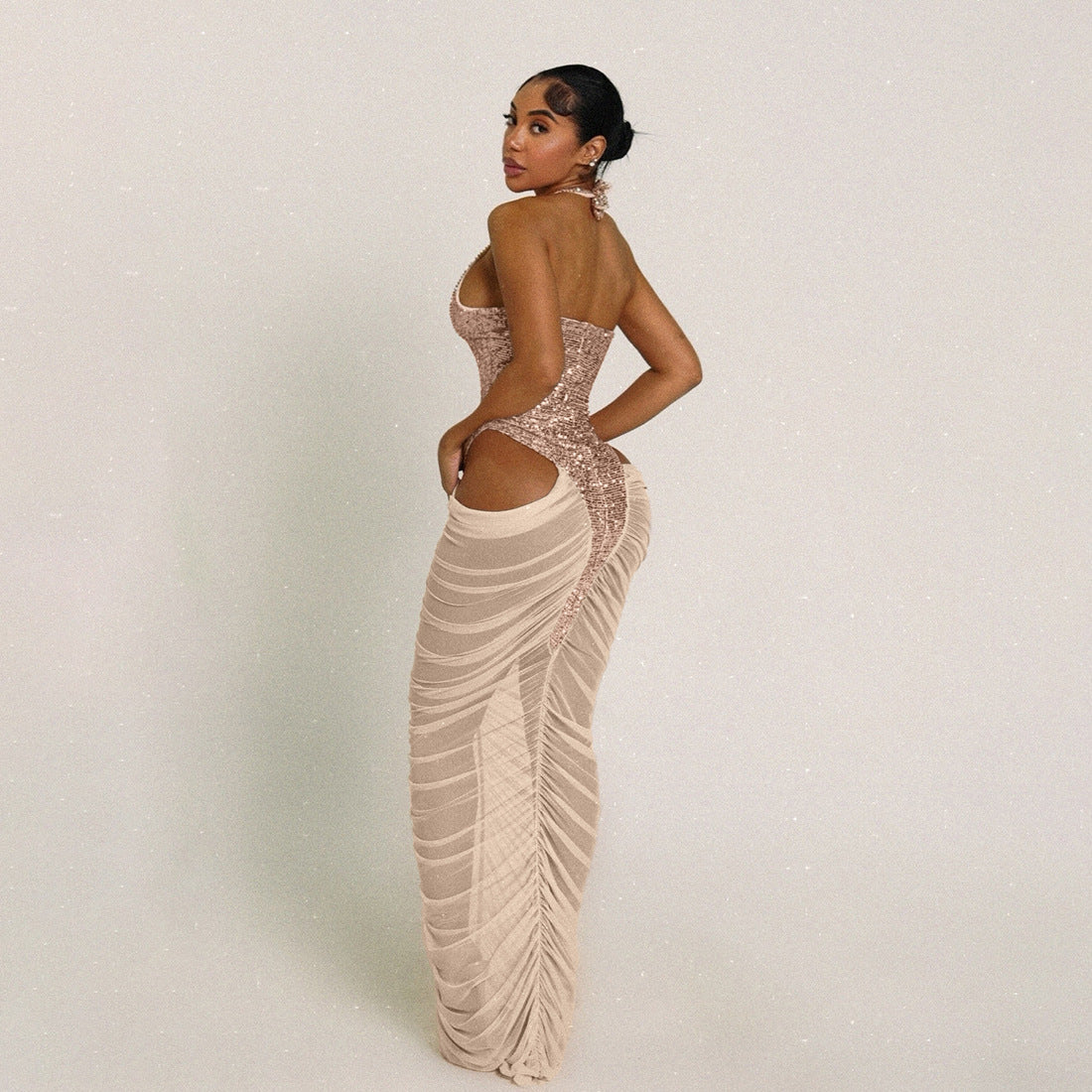 Autumn Winter Women Clothing Fashionable Sequ Stitching Sexy Mesh See through Ruffle Hip Dress Bella Mia