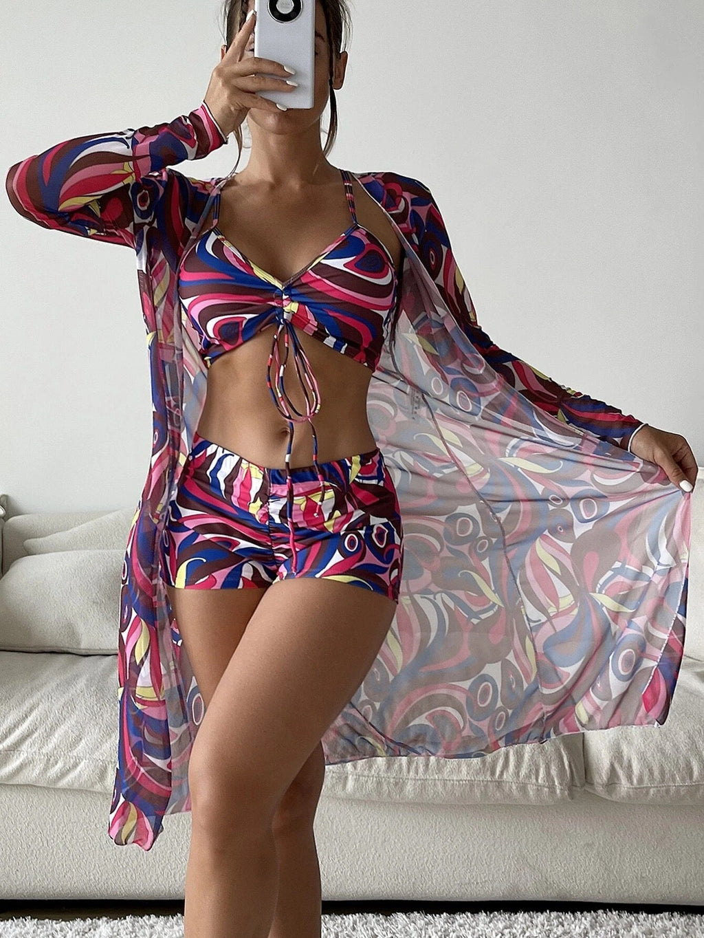 Swimsuit Women Split Three Piece Suit High Waist Long Sleeves Blouse Internet Celebrity Drawstring Suit Bella Mia
