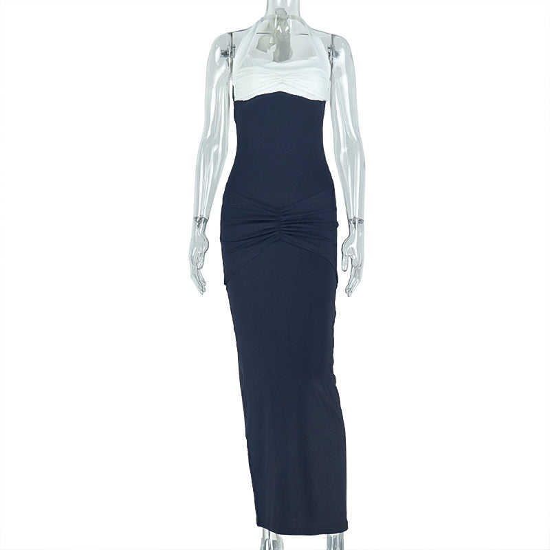 Slim Slimming Patchwork One Step Halter Ruffle Hip Maxi Dress Elegant Women Commuting Wear Bella Mia