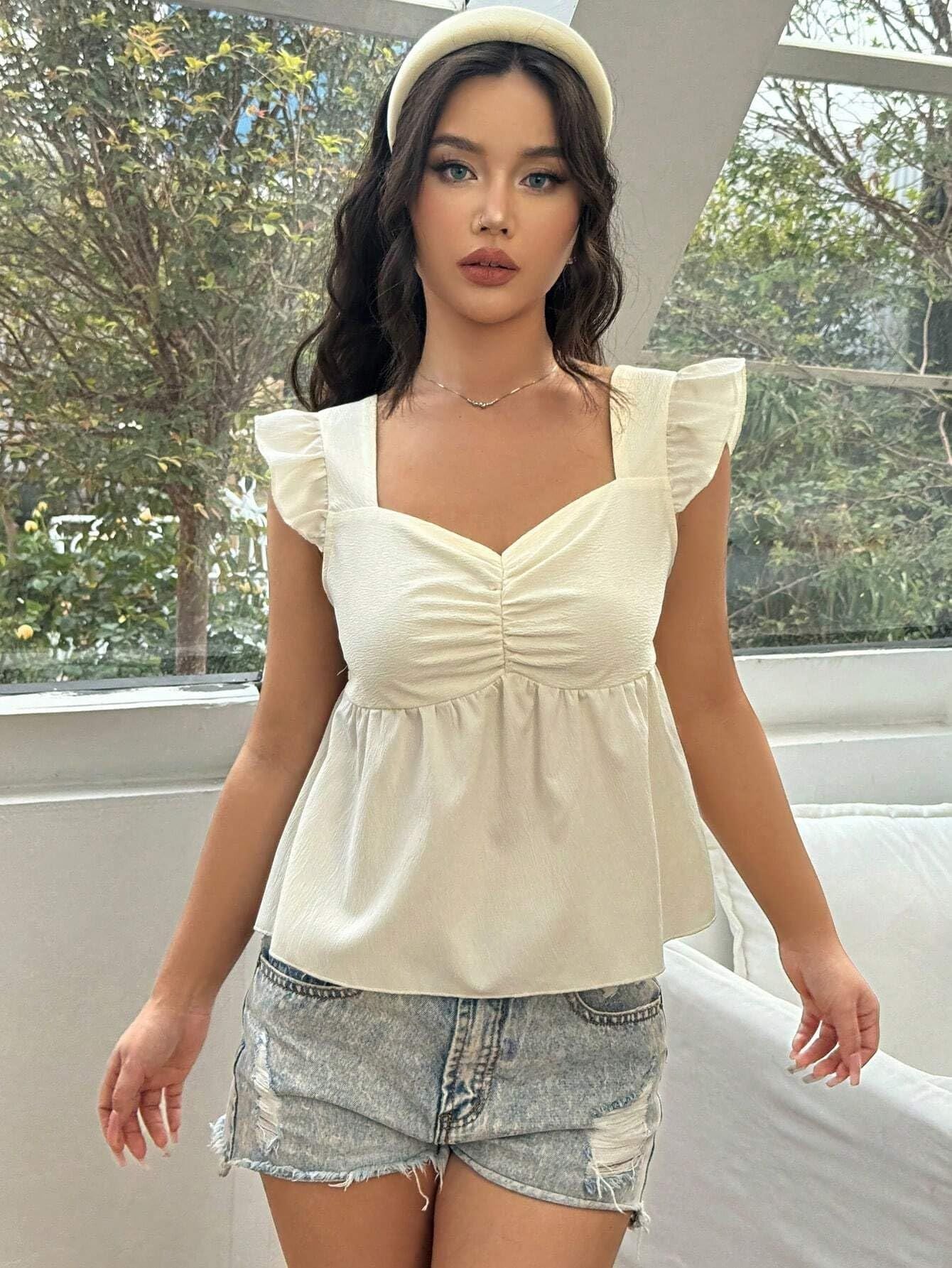 Sexy Ruffled Short Flounced Sleeve Top High Grade Slimming Exquisite off Shoulder Square Collar Loose French Top Bella Mia