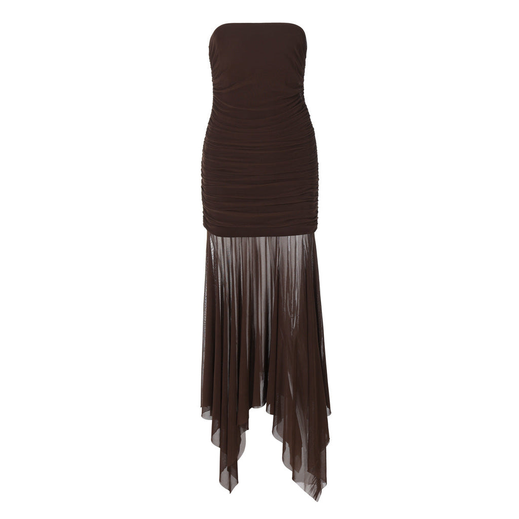 Women Clothing Spring Sexy Tube Top off Neck Mesh Stitching Dress Bella Mia