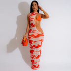 Women Clothing Summer Digital Printing Irregular Asymmetric Mesh Dress Bikini Three Piece Set Bella Mia