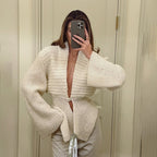 Autumn Winter Women Clothing Deep V Plunge neck Sexy Hollow Out Cutout Loose Sweater Cardigan Coat Bella Mia