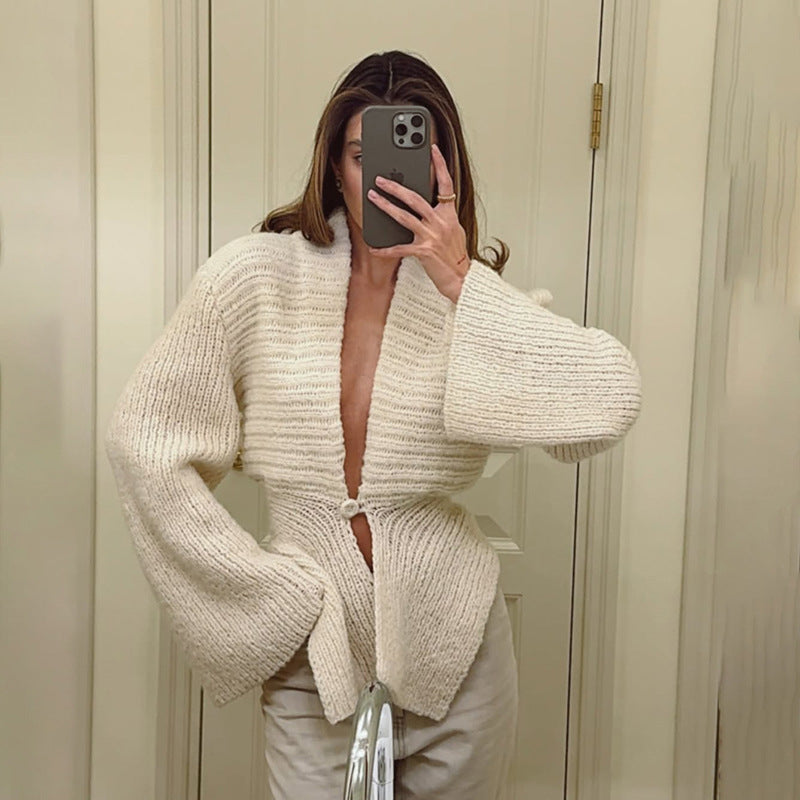 Autumn Winter Women Clothing Deep V Plunge neck Sexy Hollow Out Cutout Loose Sweater Cardigan Coat Bella Mia