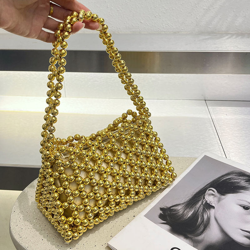 Trendy Hollow Out Cutout Shiny Crystal Handmade Beaded Woven Bag Portable Underarm One Shoulder Crossboby Bag Bella Mia