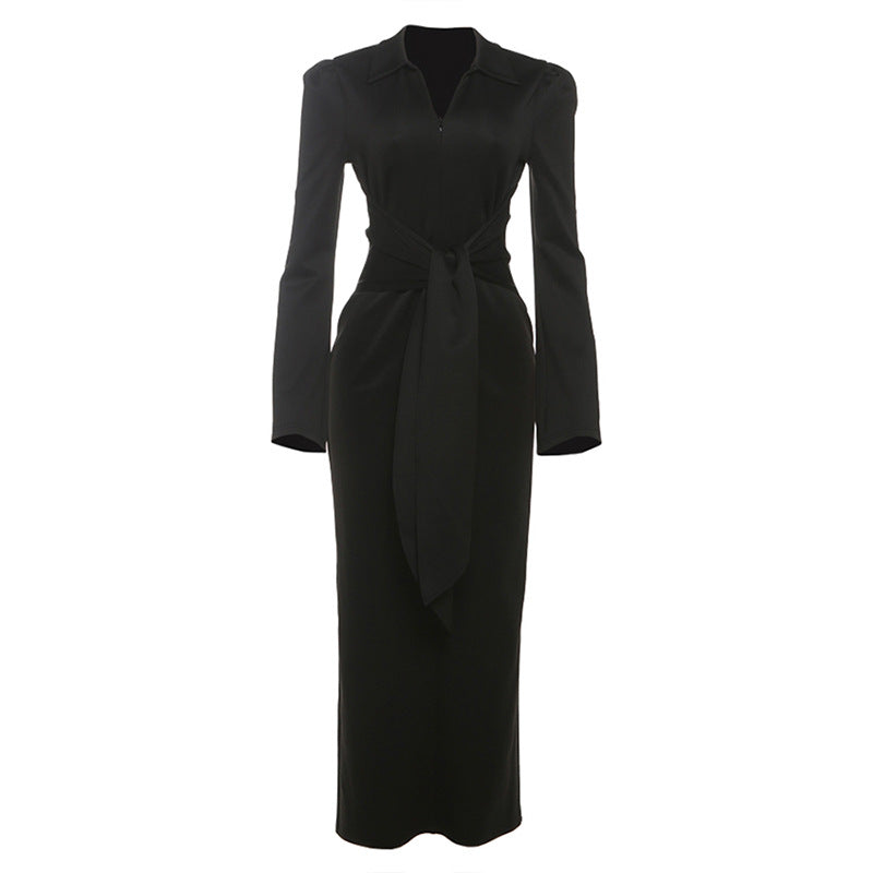 Fall Women Clothing Solid Color Collared Waist Tight Slim Fit Lace up Long Sleeve Zipper Dress Bella Mia