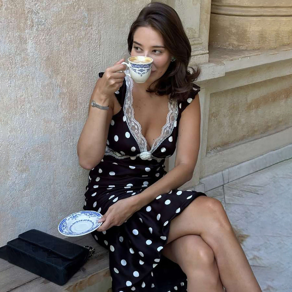Women Clothing Autumn Elegance Retro V neck Slim Fit Sexy Backless Lace Polka Dot Dress Women Bella Mia