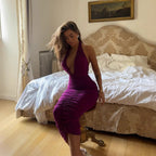 Sexy Women Clothing V neck Halter Slim Fit Slimming Ruffle Hip Purple Dress Women Bella Mia