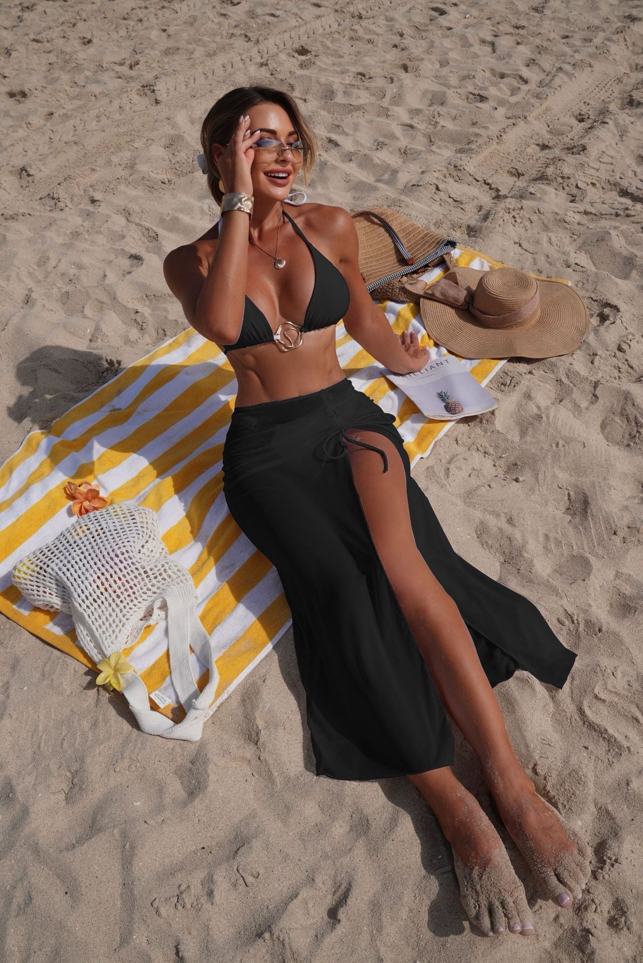 Solid Color Beach Sun Protection Tulle Skirt Sexy Three Piece Set Bikini Split Swimsuit Bella Mia