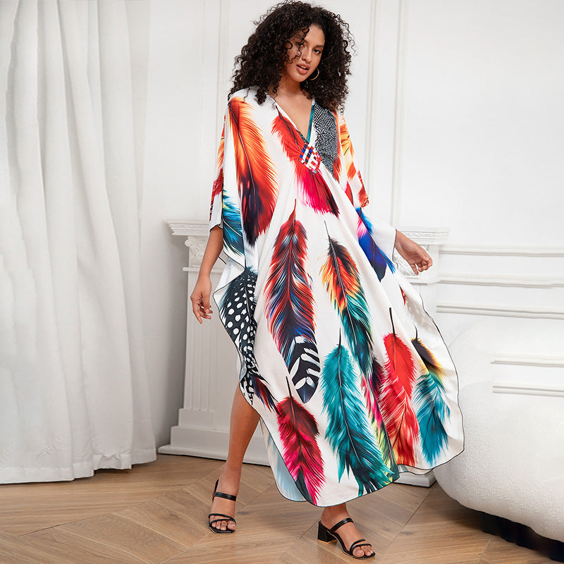 Positioning Print Holiday Loose plus Size Robe Beach Cover up Dress Bikini Cover-up Women's Clothing Bella Mia