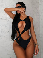 Women One Piece Bikini Bikini Solid Color Hollow Out Cutout out Strap One Piece Swimsuit