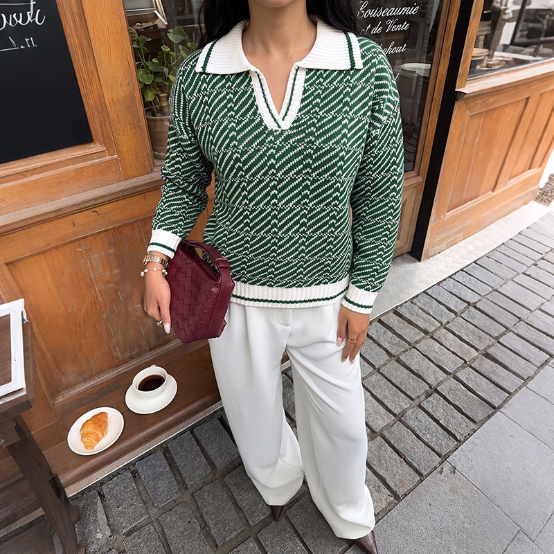 Gentle Fresh Contrast Color Polo Collar Half Cardigan Loose Sweater