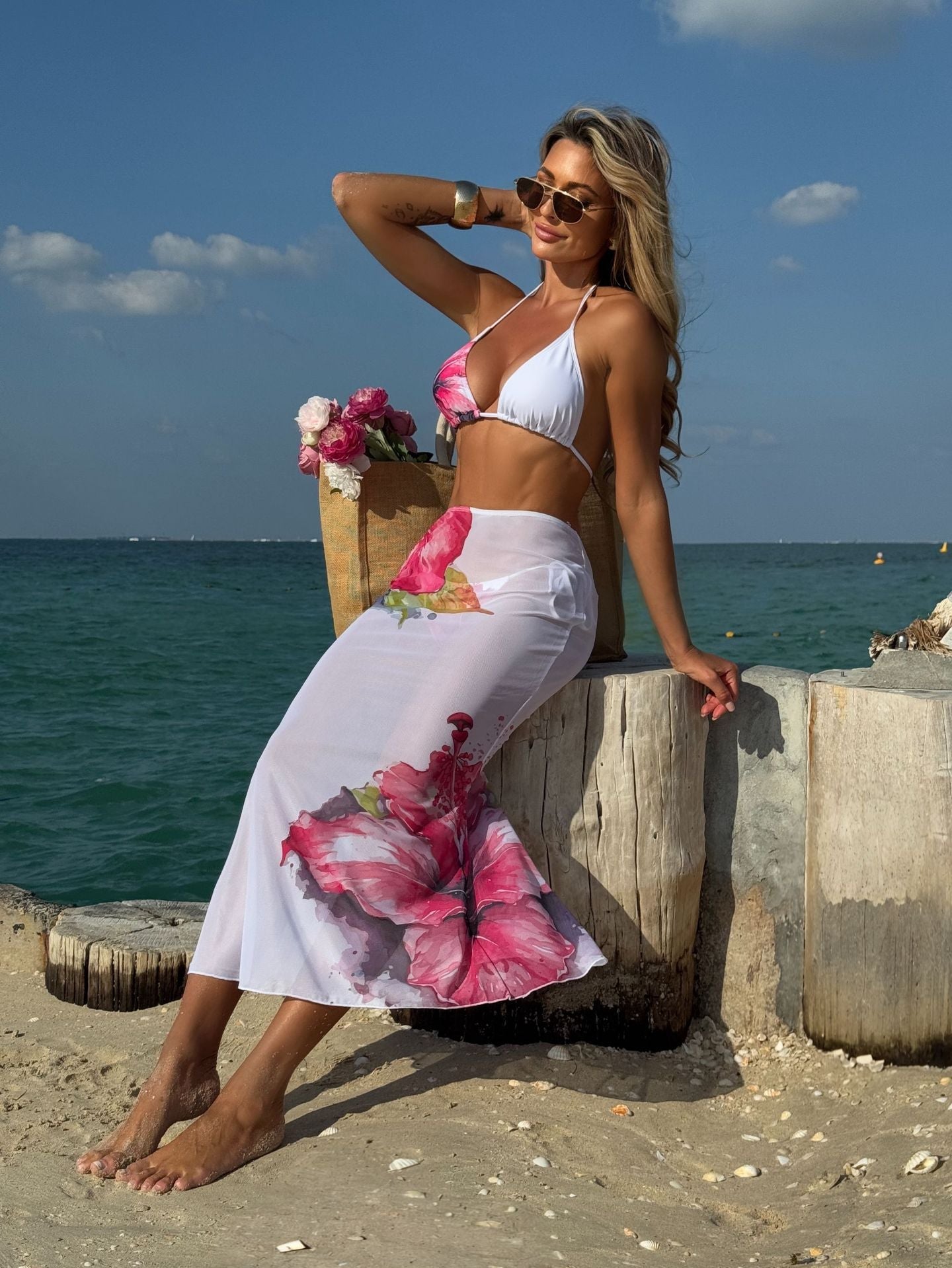 Printed Large Floral Three Piece Set Mesh Maxi Dress Sexy Bikini Bikini